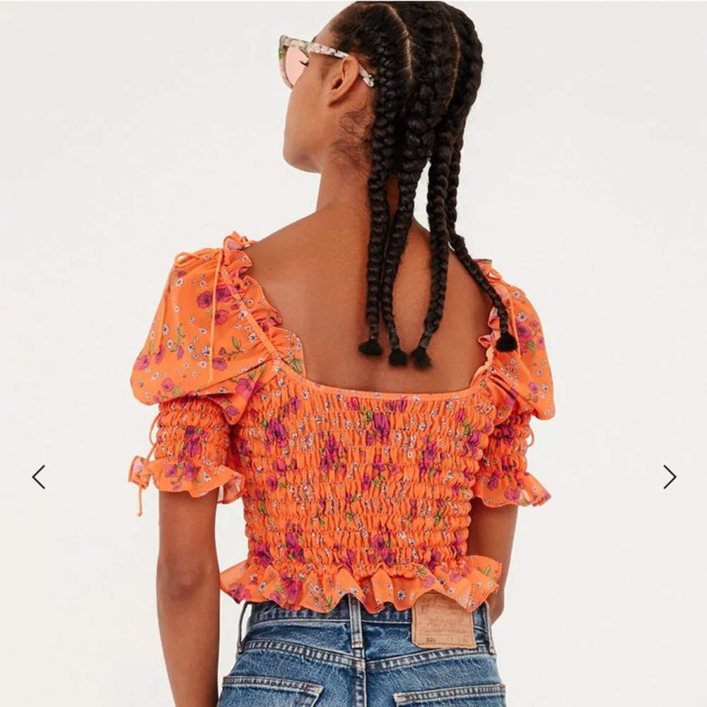 For Love & Lemons Peony Smocked Top in bright tangerine - Picture 2 of 3